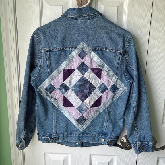 Patchwork Denim Jacket Womens 4 Blue Cottagecore Grandma - Picture 4 of 7